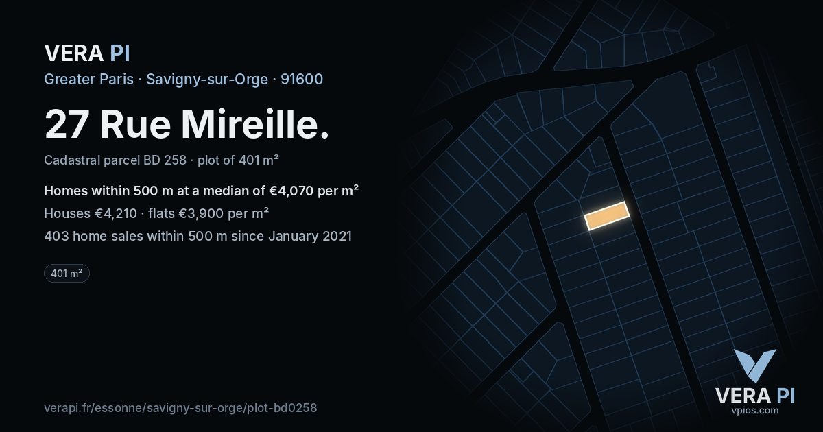 27 Rue Mireille, Savigny-sur-Orge at night – the plot lit, the parcels around coloured by the prices near them