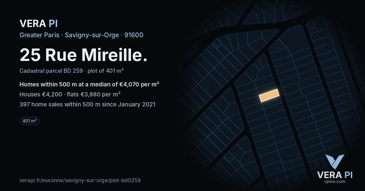 25 Rue Mireille, Savigny-sur-Orge at night – the plot lit, the parcels around coloured by the prices near them