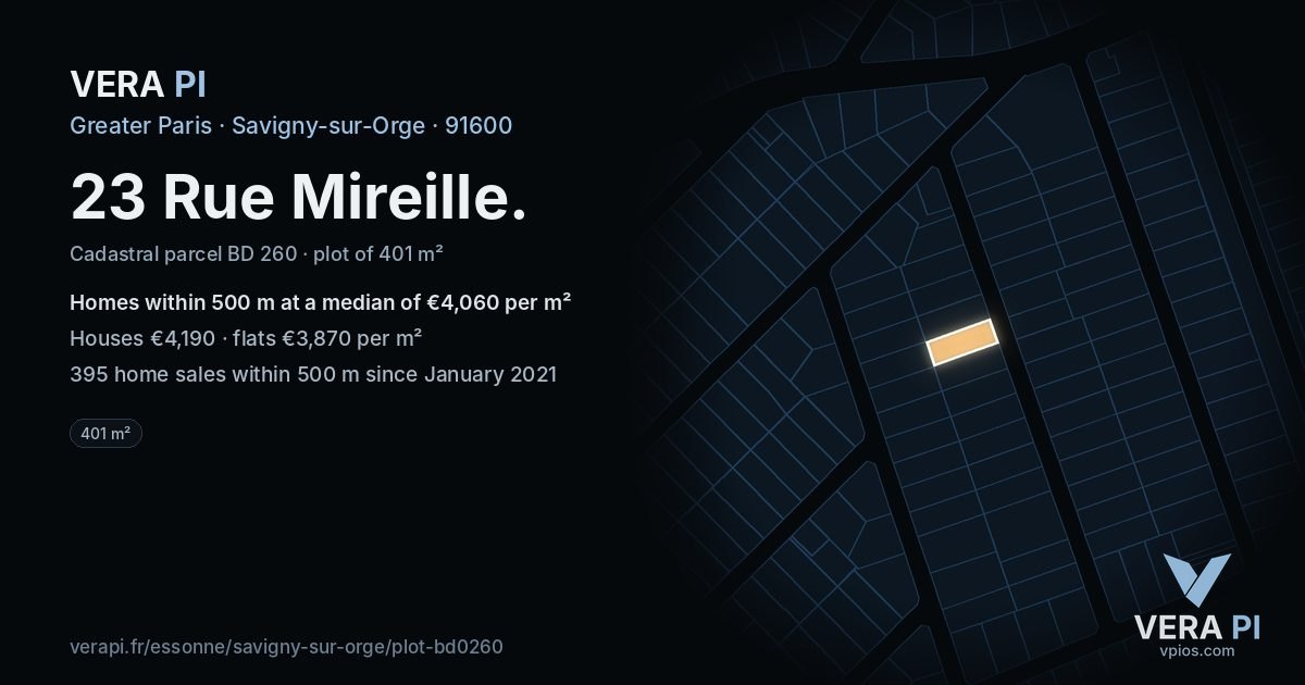 23 Rue Mireille, Savigny-sur-Orge at night – the plot lit, the parcels around coloured by the prices near them