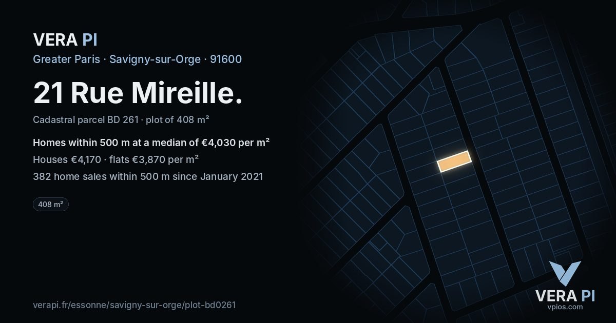 21 Rue Mireille, Savigny-sur-Orge at night – the plot lit, the parcels around coloured by the prices near them
