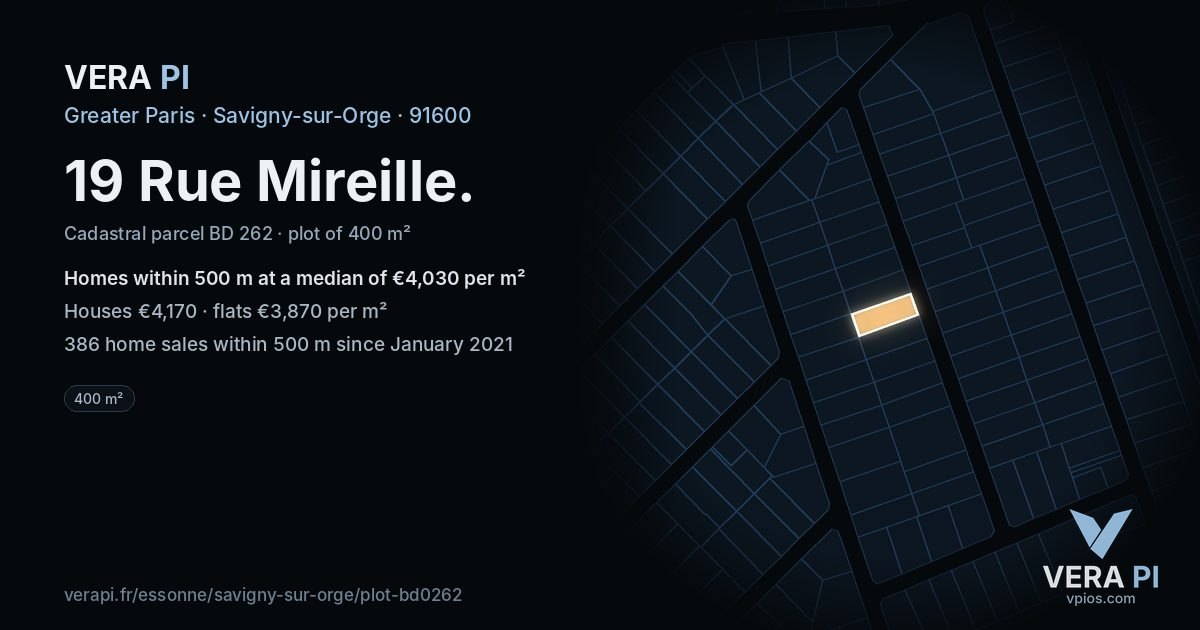 19 Rue Mireille, Savigny-sur-Orge at night – the plot lit, the parcels around coloured by the prices near them
