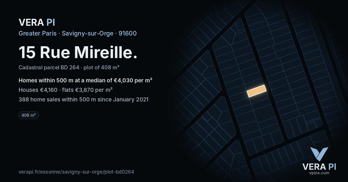 15 Rue Mireille, Savigny-sur-Orge at night – the plot lit, the parcels around coloured by the prices near them