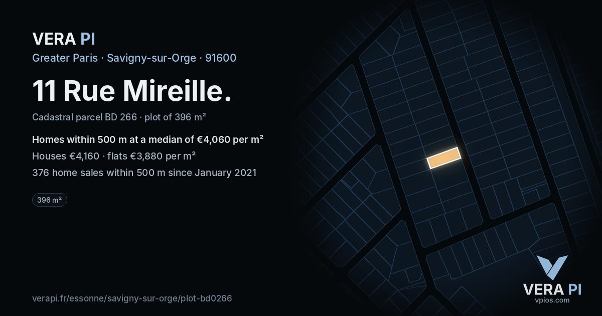 11 Rue Mireille, Savigny-sur-Orge at night – the plot lit, the parcels around coloured by the prices near them
