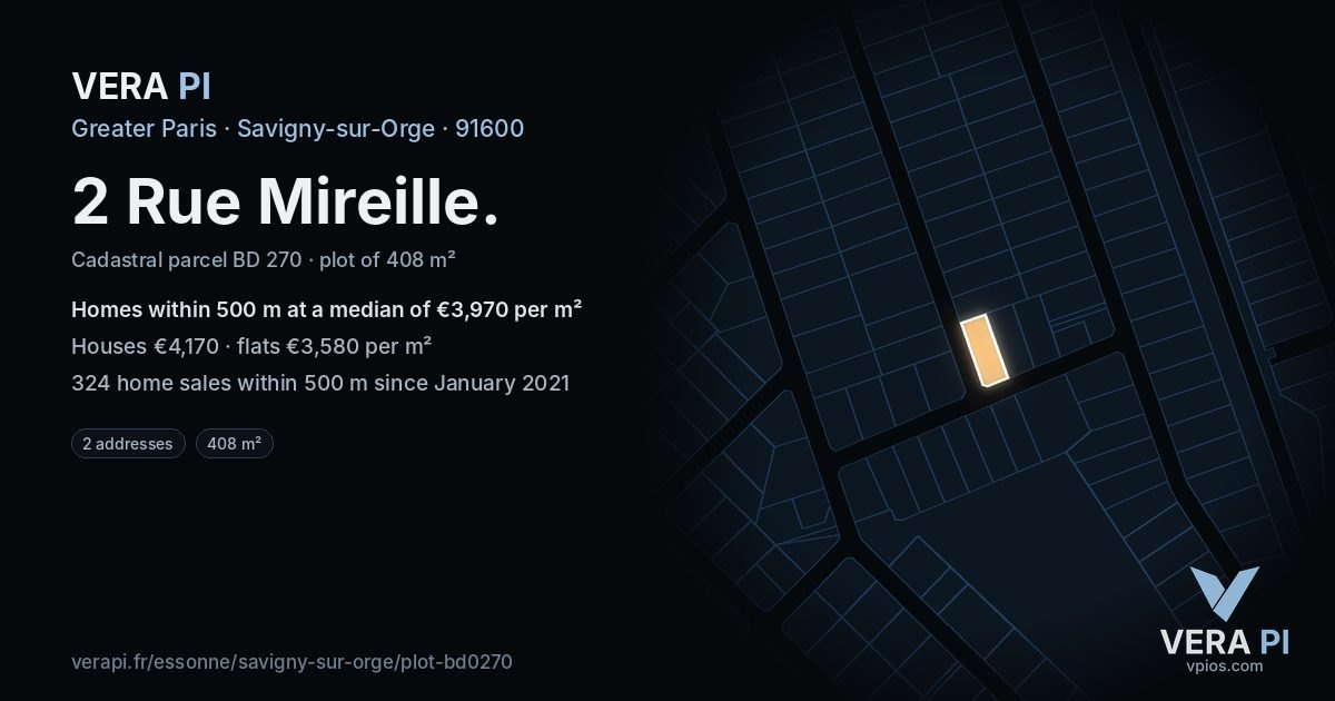 2 Rue Mireille, Savigny-sur-Orge at night – the plot lit, the parcels around coloured by the prices near them