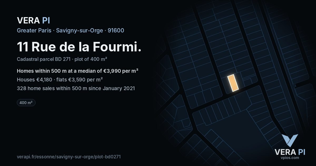 11 Rue de la Fourmi, Savigny-sur-Orge at night – the plot lit, the parcels around coloured by the prices near them