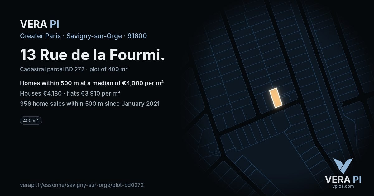 13 Rue de la Fourmi, Savigny-sur-Orge at night – the plot lit, the parcels around coloured by the prices near them