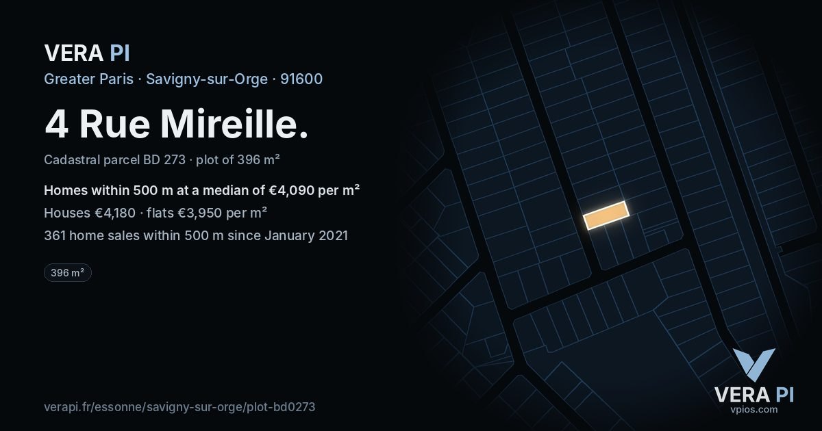 4 Rue Mireille, Savigny-sur-Orge at night – the plot lit, the parcels around coloured by the prices near them