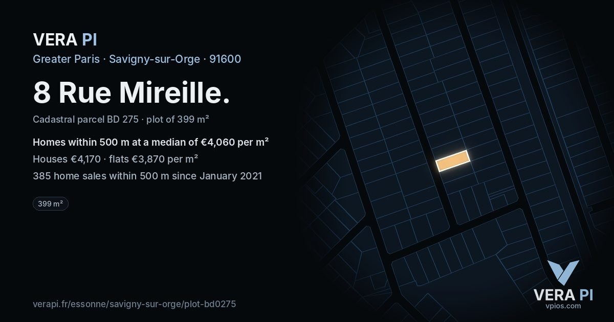 8 Rue Mireille, Savigny-sur-Orge at night – the plot lit, the parcels around coloured by the prices near them
