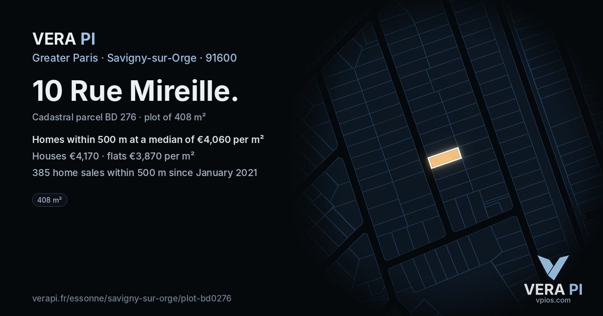 10 Rue Mireille, Savigny-sur-Orge at night – the plot lit, the parcels around coloured by the prices near them