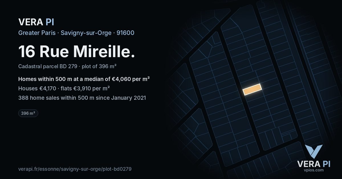 16 Rue Mireille, Savigny-sur-Orge at night – the plot lit, the parcels around coloured by the prices near them