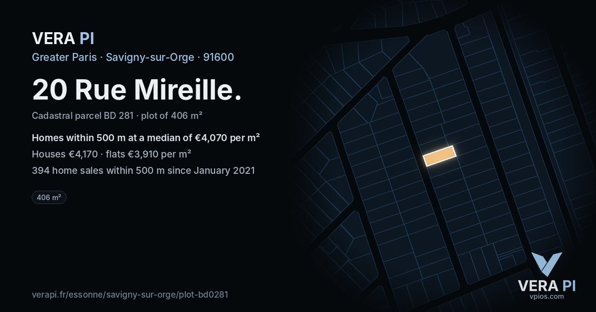 20 Rue Mireille, Savigny-sur-Orge at night – the plot lit, the parcels around coloured by the prices near them