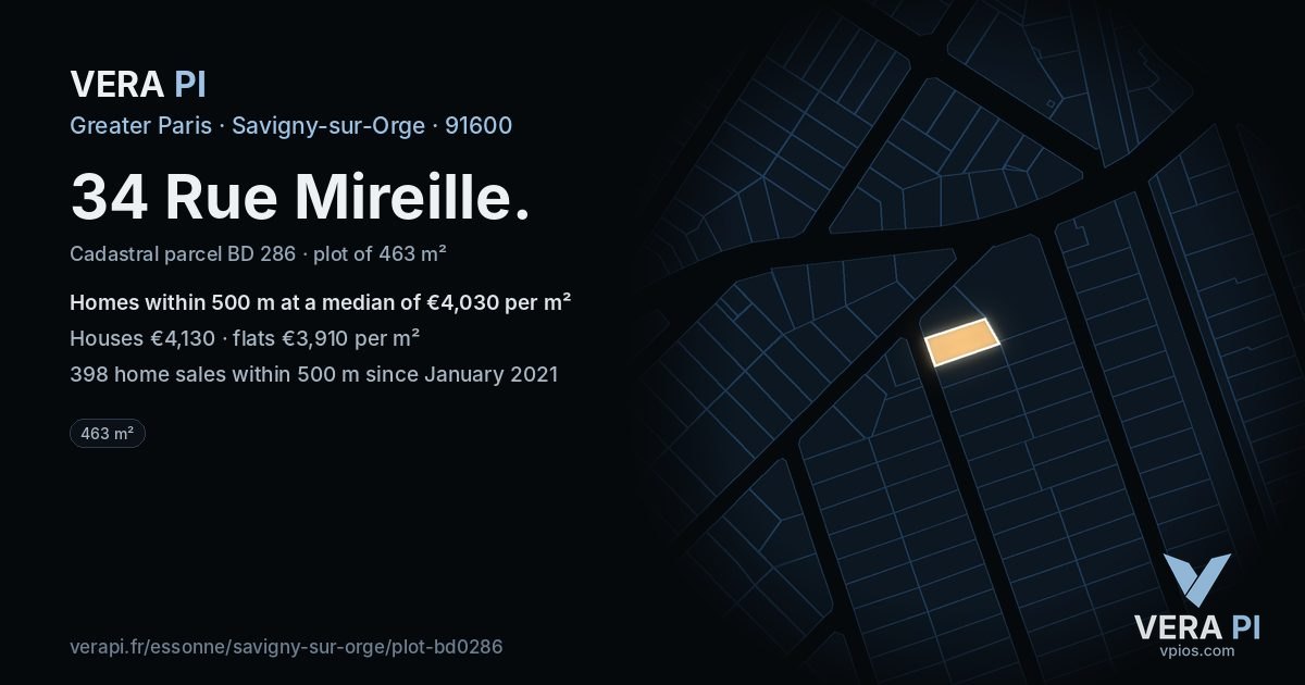 34 Rue Mireille, Savigny-sur-Orge at night – the plot lit, the parcels around coloured by the prices near them