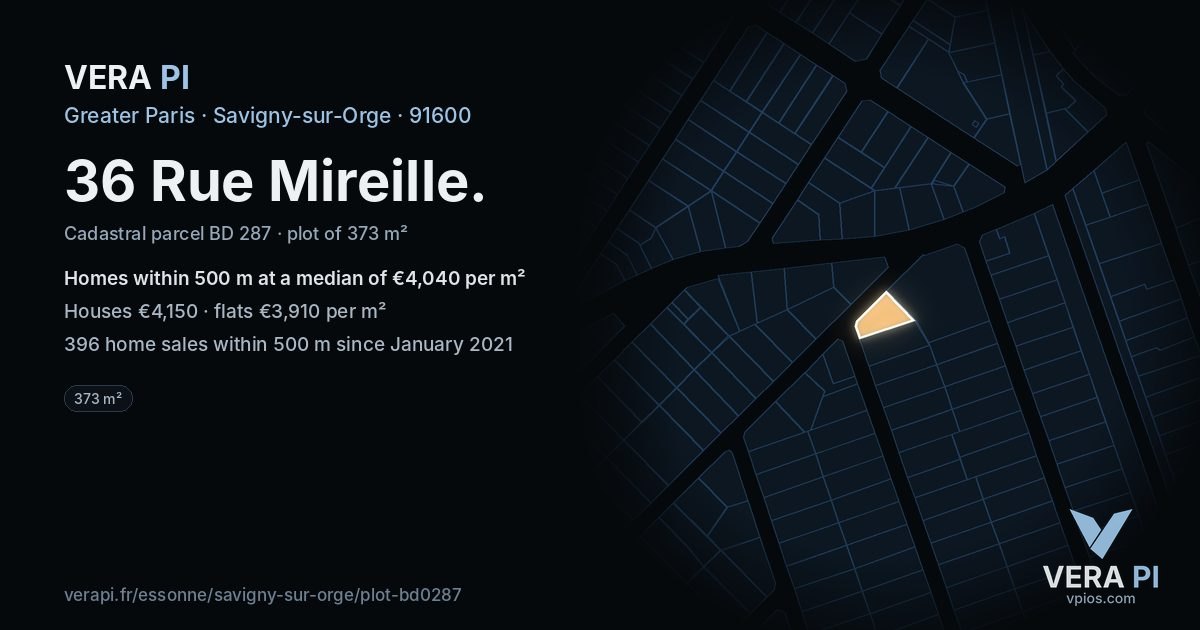 36 Rue Mireille, Savigny-sur-Orge at night – the plot lit, the parcels around coloured by the prices near them