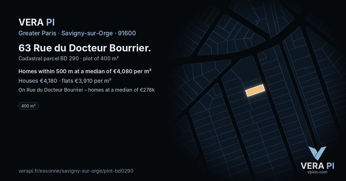 63 Rue du Docteur Bourrier, Savigny-sur-Orge at night – the plot lit, the parcels around coloured by the prices near them