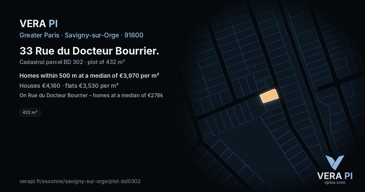 33 Rue du Docteur Bourrier, Savigny-sur-Orge at night – the plot lit, the parcels around coloured by the prices near them