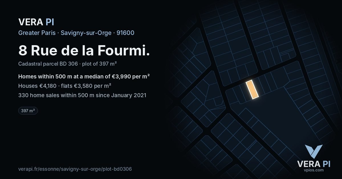 8 Rue de la Fourmi, Savigny-sur-Orge at night – the plot lit, the parcels around coloured by the prices near them