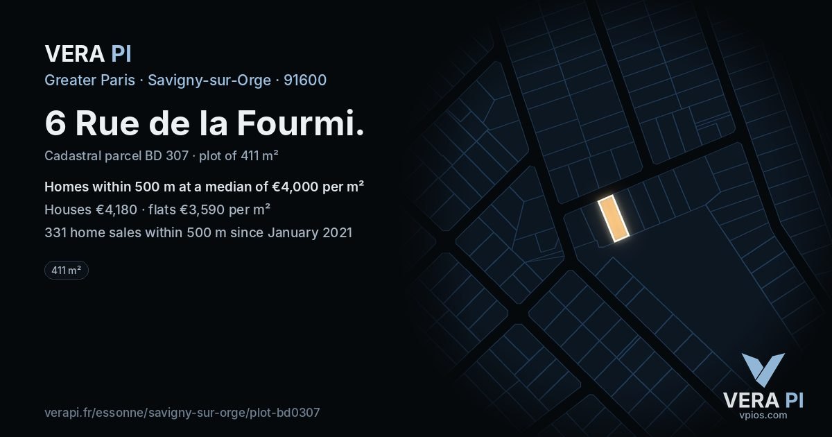 6 Rue de la Fourmi, Savigny-sur-Orge at night – the plot lit, the parcels around coloured by the prices near them