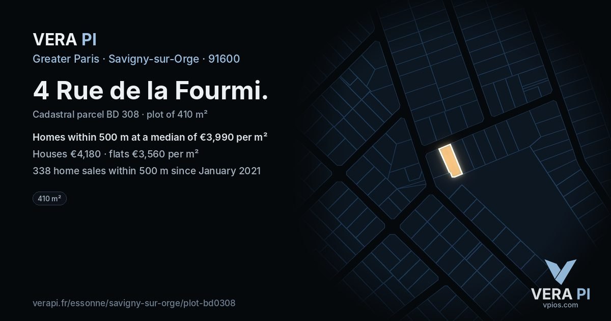 4 Rue de la Fourmi, Savigny-sur-Orge at night – the plot lit, the parcels around coloured by the prices near them