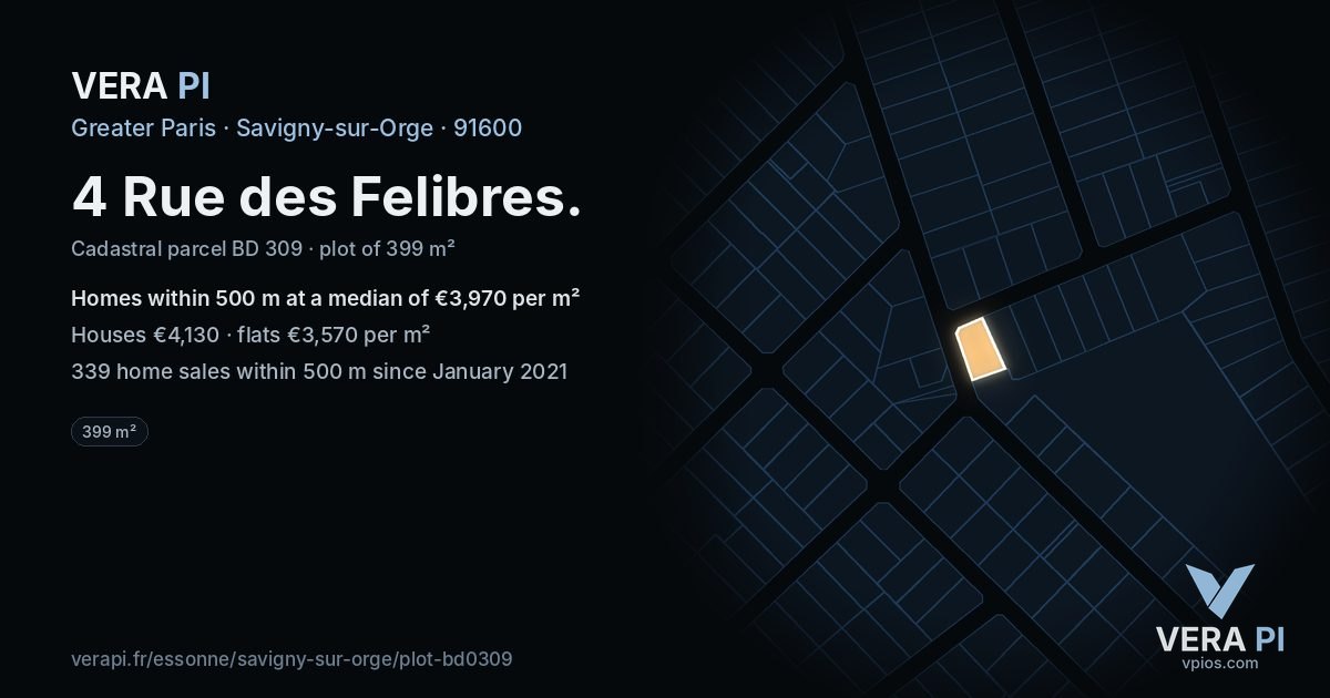 4 Rue des Felibres, Savigny-sur-Orge at night – the plot lit, the parcels around coloured by the prices near them