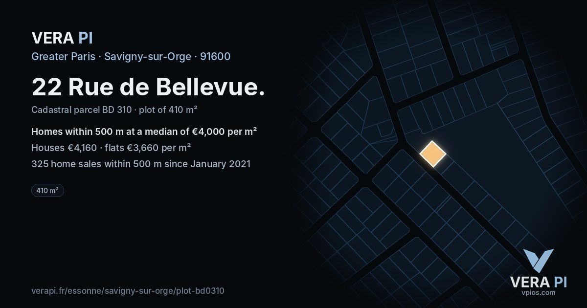 22 Rue de Bellevue, Savigny-sur-Orge at night – the plot lit, the parcels around coloured by the prices near them