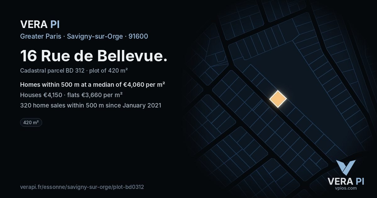 16 Rue de Bellevue, Savigny-sur-Orge at night – the plot lit, the parcels around coloured by the prices near them