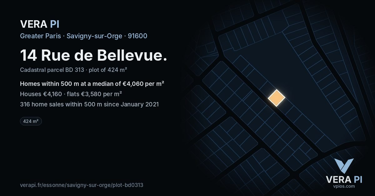 14 Rue de Bellevue, Savigny-sur-Orge at night – the plot lit, the parcels around coloured by the prices near them