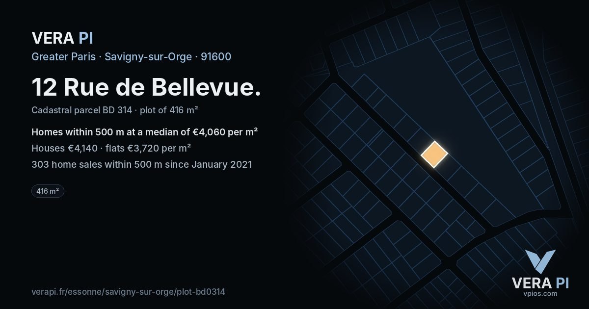 12 Rue de Bellevue, Savigny-sur-Orge at night – the plot lit, the parcels around coloured by the prices near them