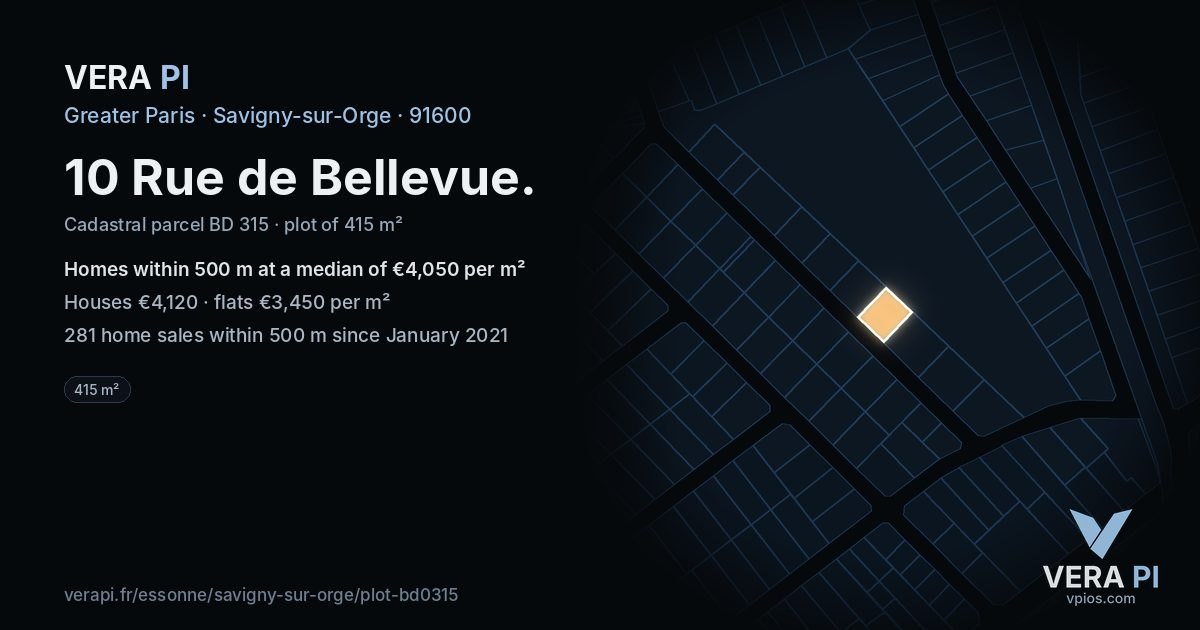 10 Rue de Bellevue, Savigny-sur-Orge at night – the plot lit, the parcels around coloured by the prices near them