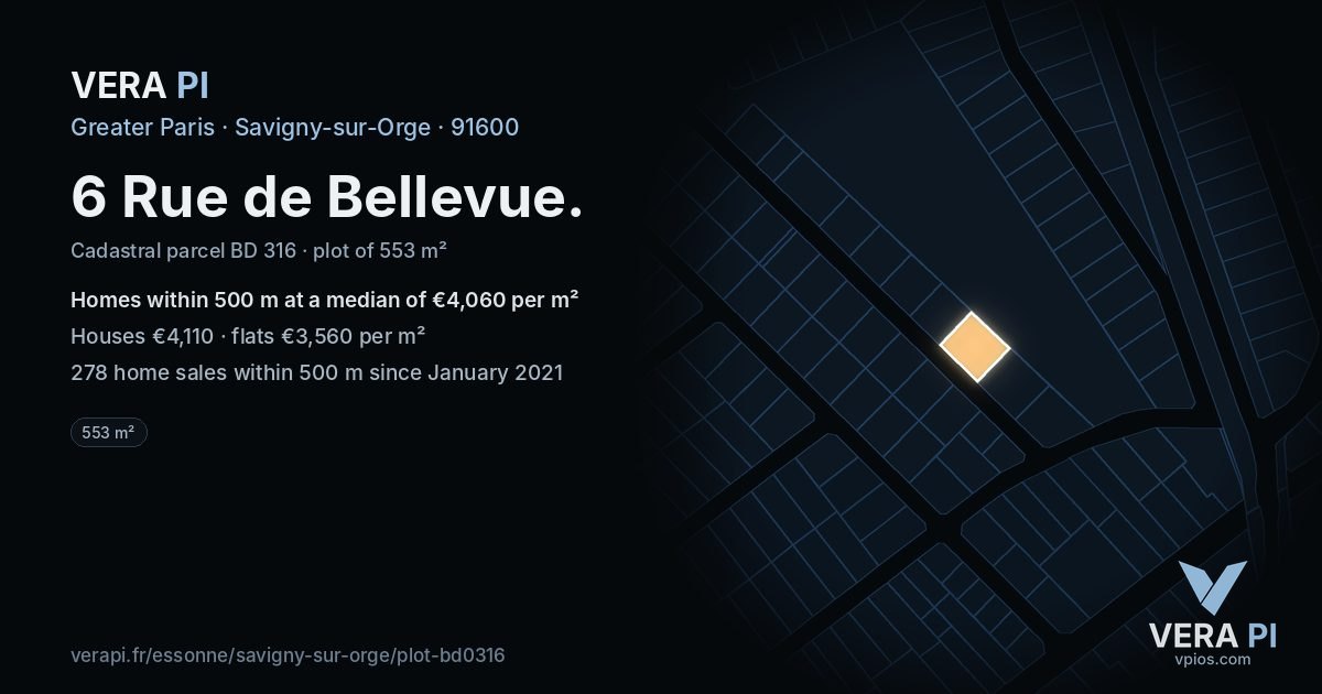 6 Rue de Bellevue, Savigny-sur-Orge at night – the plot lit, the parcels around coloured by the prices near them