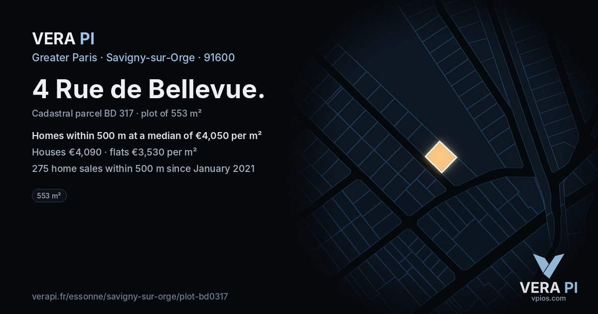 4 Rue de Bellevue, Savigny-sur-Orge at night – the plot lit, the parcels around coloured by the prices near them
