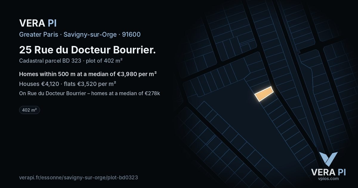 25 Rue du Docteur Bourrier, Savigny-sur-Orge at night – the plot lit, the parcels around coloured by the prices near them