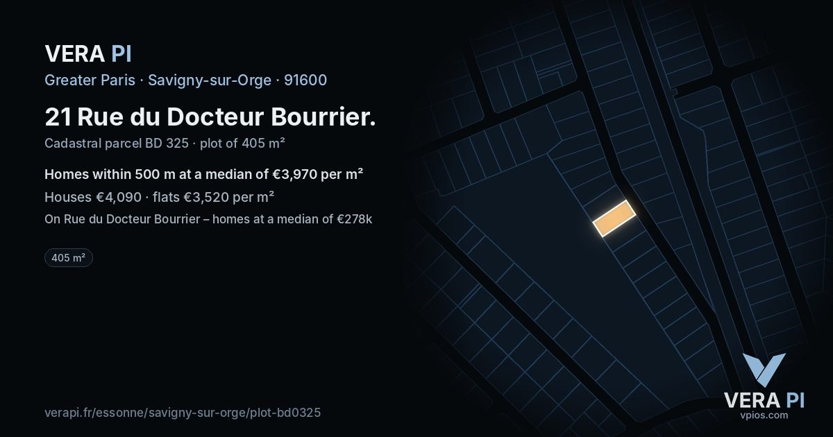 21 Rue du Docteur Bourrier, Savigny-sur-Orge at night – the plot lit, the parcels around coloured by the prices near them