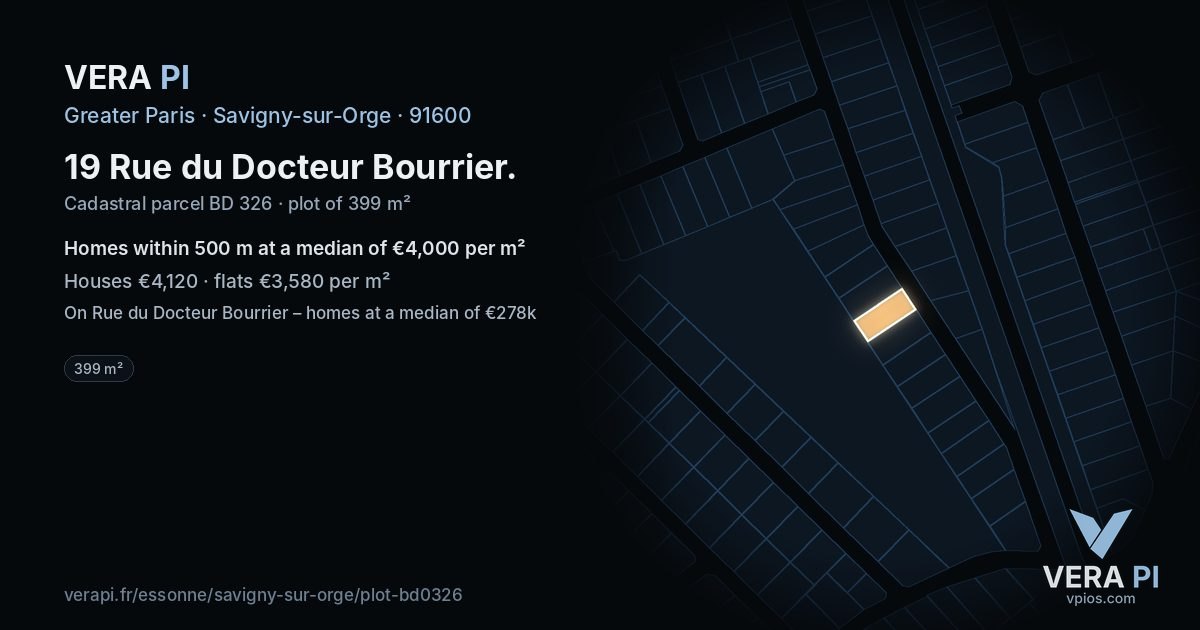 19 Rue du Docteur Bourrier, Savigny-sur-Orge at night – the plot lit, the parcels around coloured by the prices near them