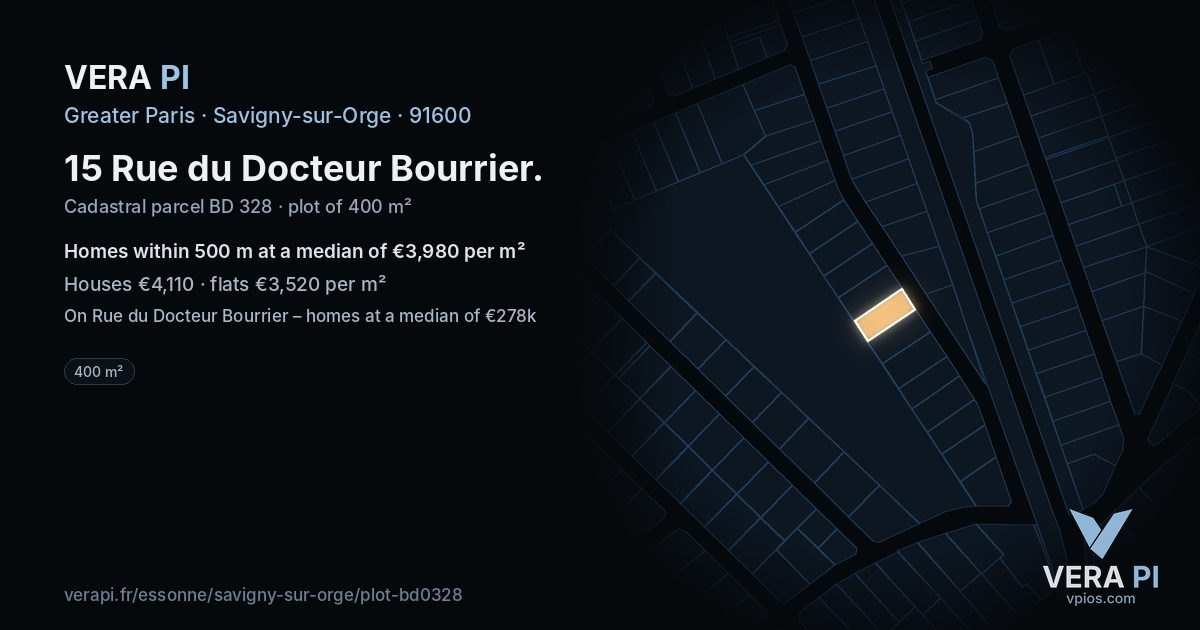 15 Rue du Docteur Bourrier, Savigny-sur-Orge at night – the plot lit, the parcels around coloured by the prices near them
