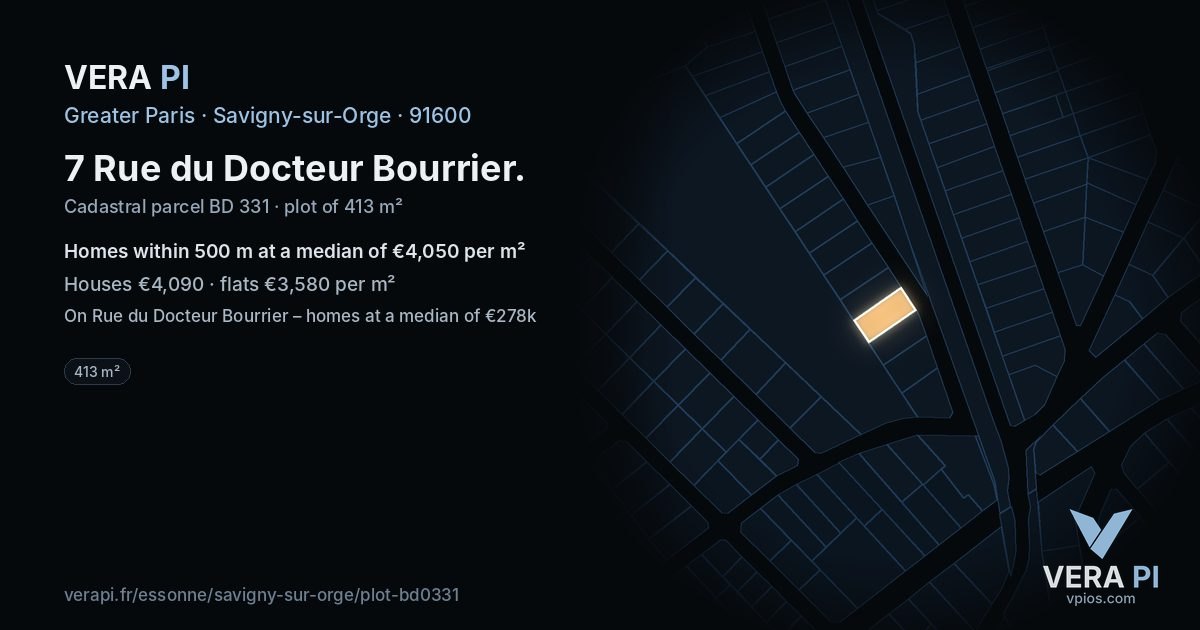 7 Rue du Docteur Bourrier, Savigny-sur-Orge at night – the plot lit, the parcels around coloured by the prices near them