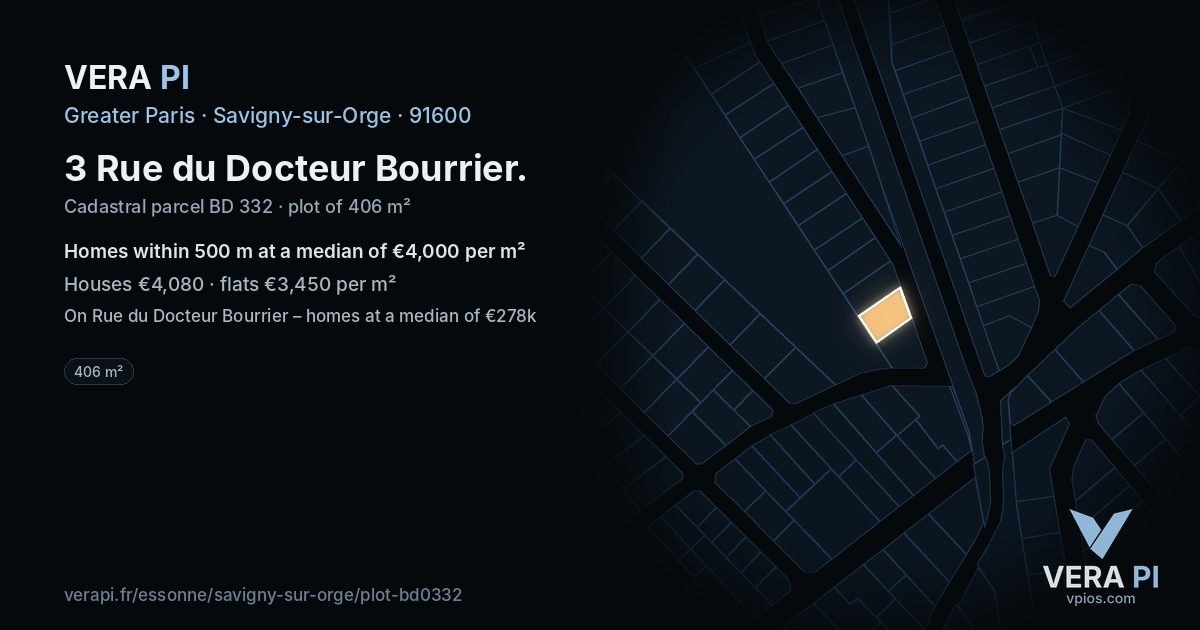 3 Rue du Docteur Bourrier, Savigny-sur-Orge at night – the plot lit, the parcels around coloured by the prices near them