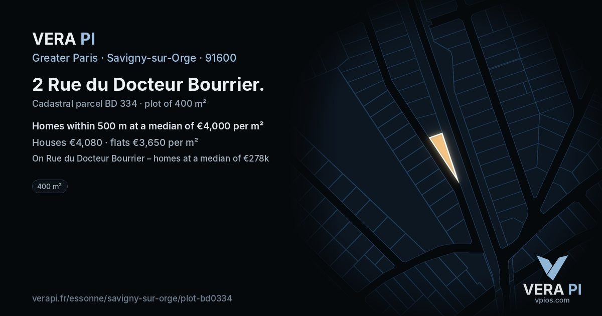 2 Rue du Docteur Bourrier, Savigny-sur-Orge at night – the plot lit, the parcels around coloured by the prices near them