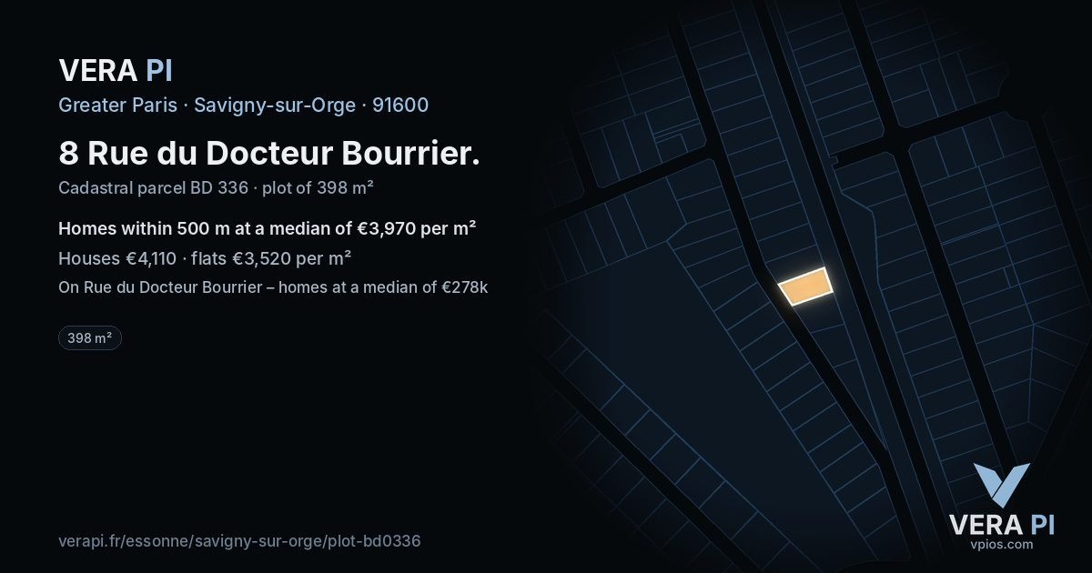 8 Rue du Docteur Bourrier, Savigny-sur-Orge at night – the plot lit, the parcels around coloured by the prices near them