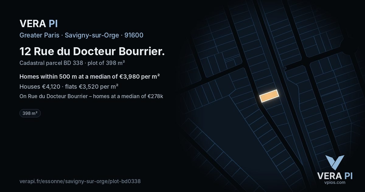 12 Rue du Docteur Bourrier, Savigny-sur-Orge at night – the plot lit, the parcels around coloured by the prices near them