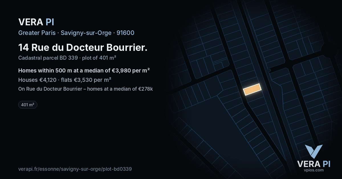 14 Rue du Docteur Bourrier, Savigny-sur-Orge at night – the plot lit, the parcels around coloured by the prices near them