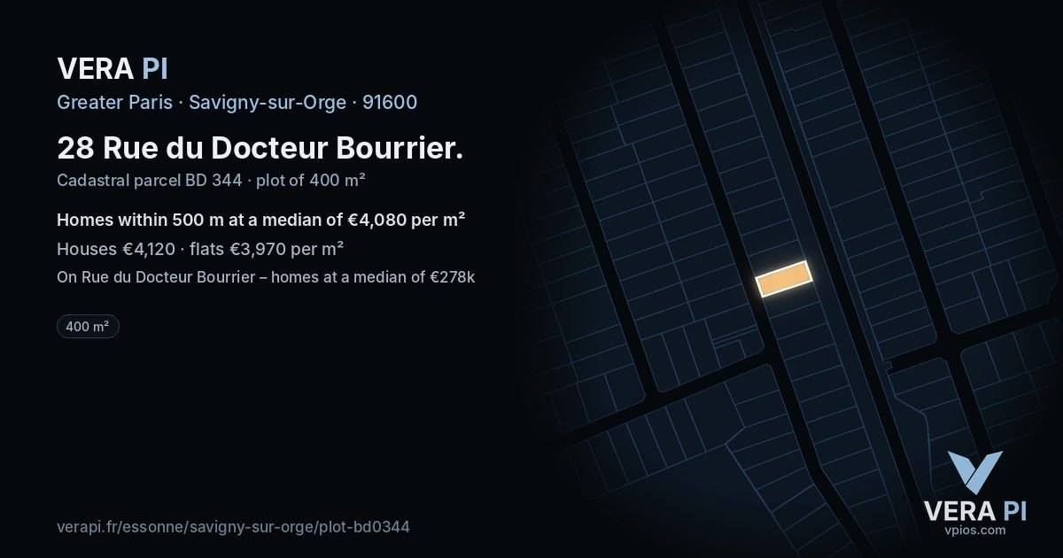 28 Rue du Docteur Bourrier, Savigny-sur-Orge at night – the plot lit, the parcels around coloured by the prices near them