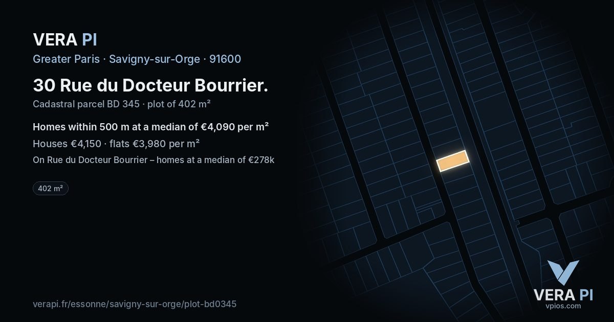 30 Rue du Docteur Bourrier, Savigny-sur-Orge at night – the plot lit, the parcels around coloured by the prices near them