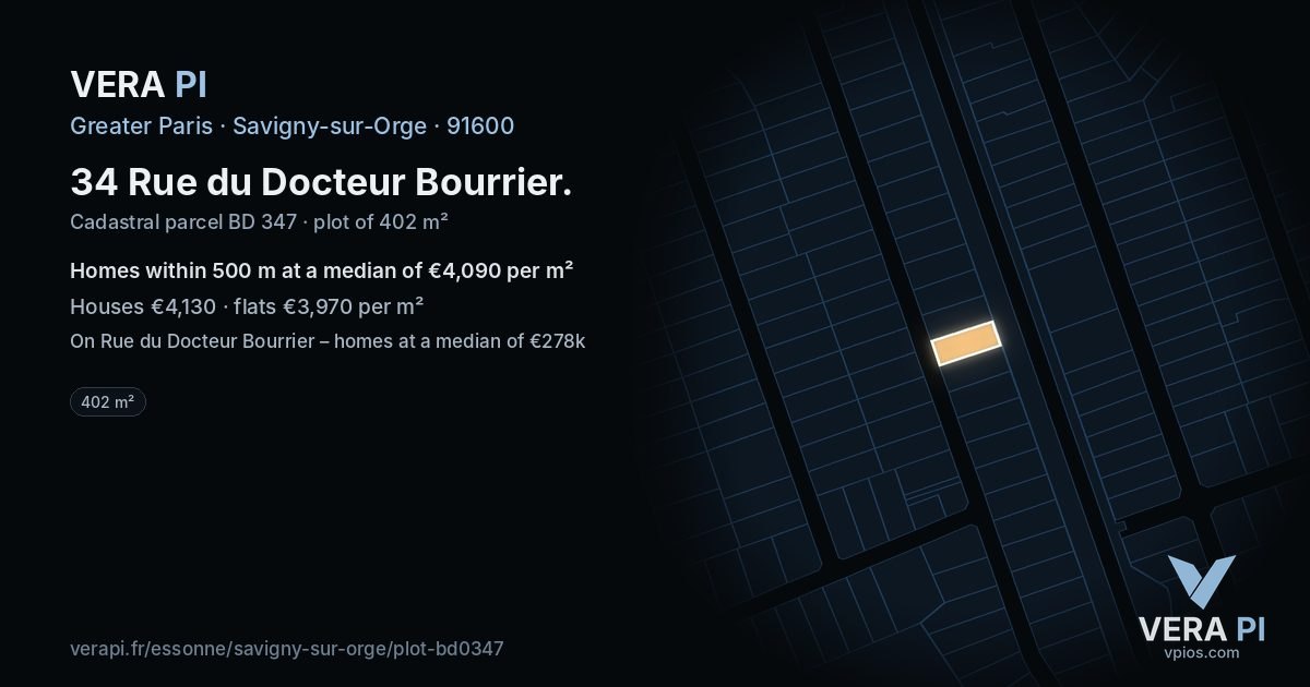 34 Rue du Docteur Bourrier, Savigny-sur-Orge at night – the plot lit, the parcels around coloured by the prices near them