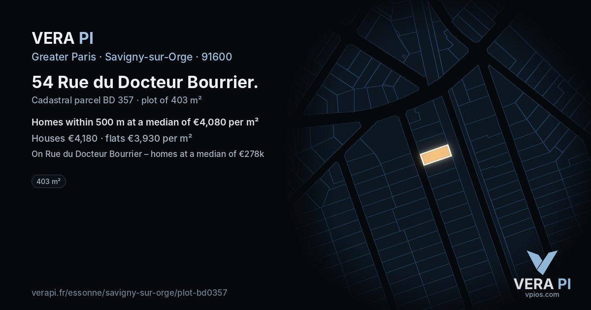 54 Rue du Docteur Bourrier, Savigny-sur-Orge at night – the plot lit, the parcels around coloured by the prices near them