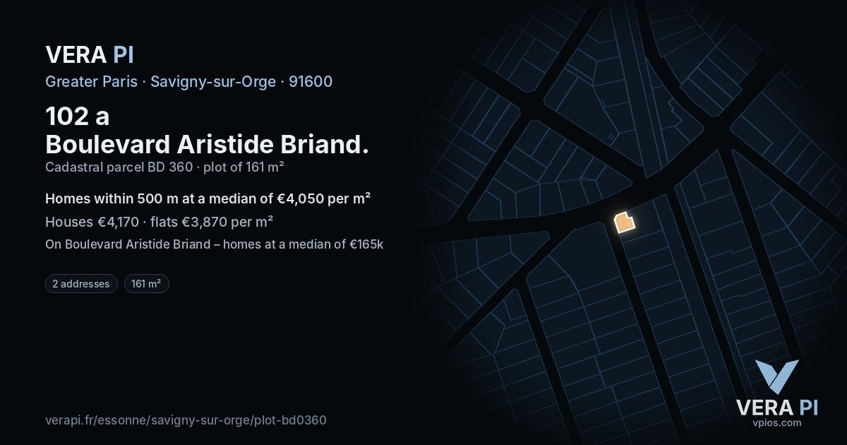 102 a Boulevard Aristide Briand, Savigny-sur-Orge at night – the plot lit, the parcels around coloured by the prices near them