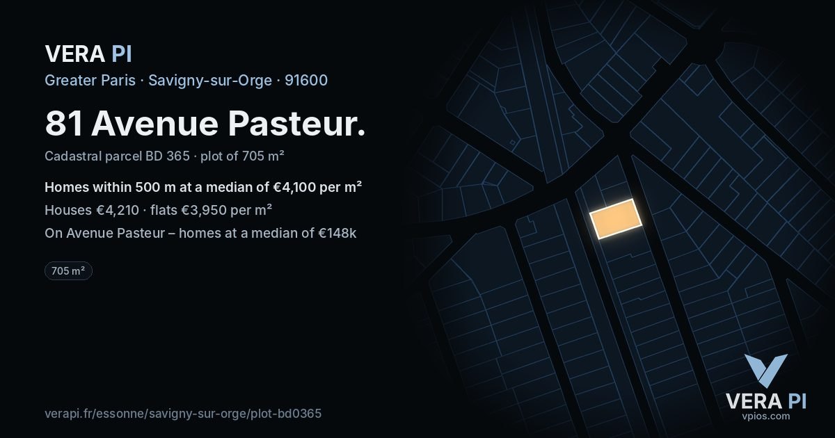 81 Avenue Pasteur, Savigny-sur-Orge at night – the plot lit, the parcels around coloured by the prices near them