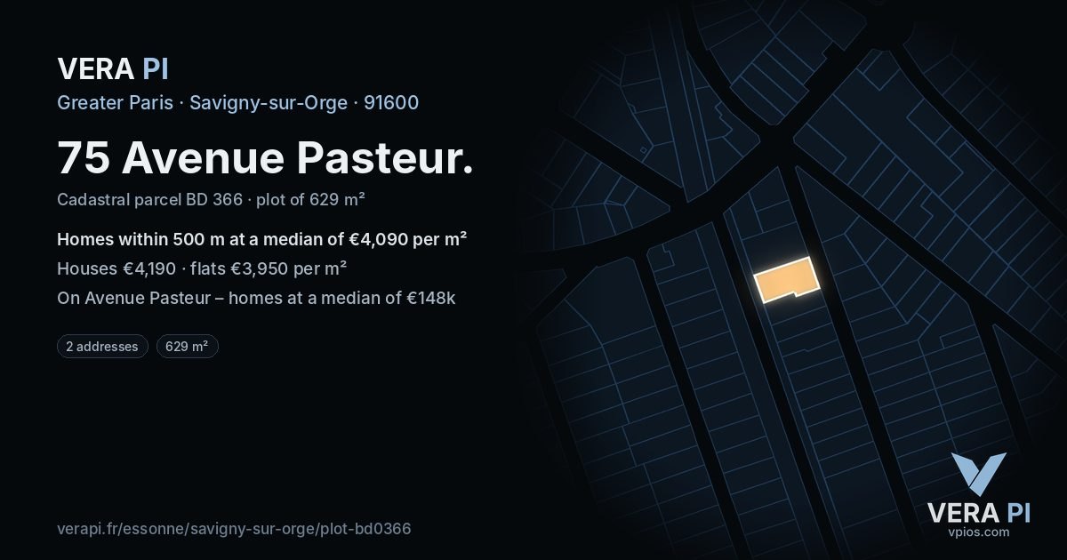 75 Avenue Pasteur, Savigny-sur-Orge at night – the plot lit, the parcels around coloured by the prices near them