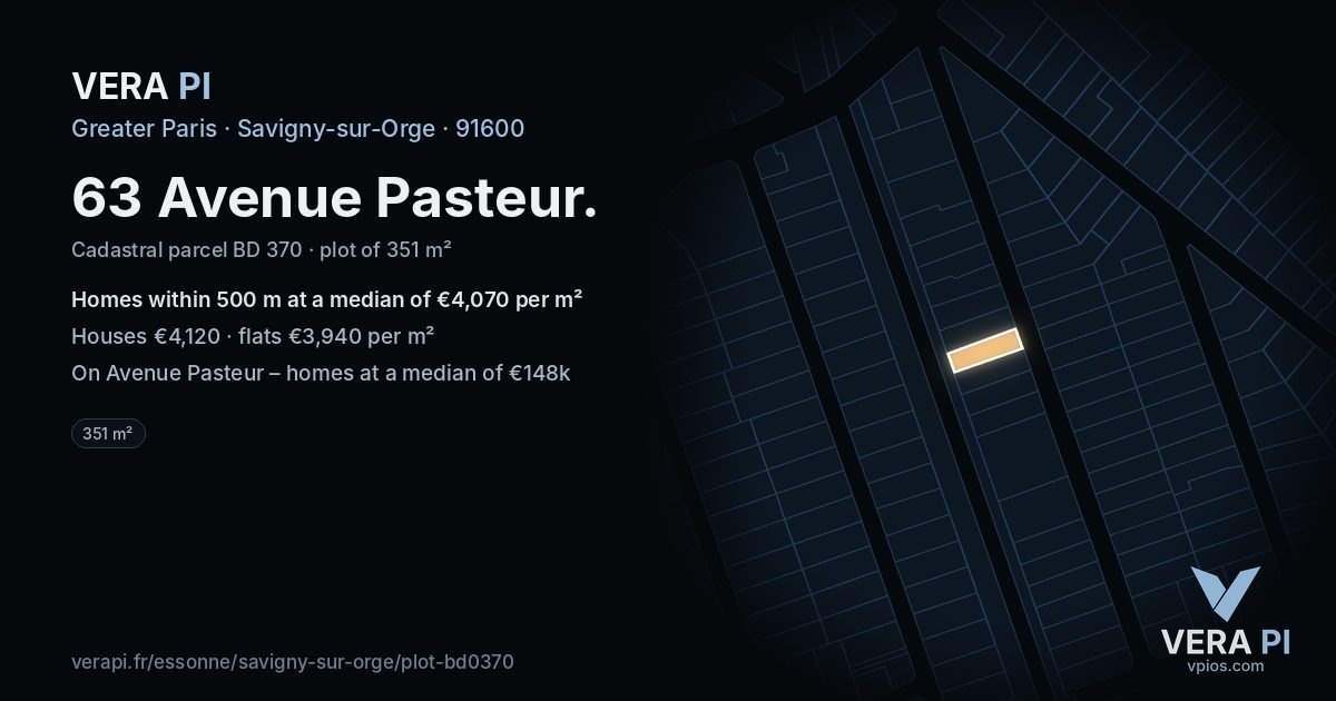 63 Avenue Pasteur, Savigny-sur-Orge at night – the plot lit, the parcels around coloured by the prices near them