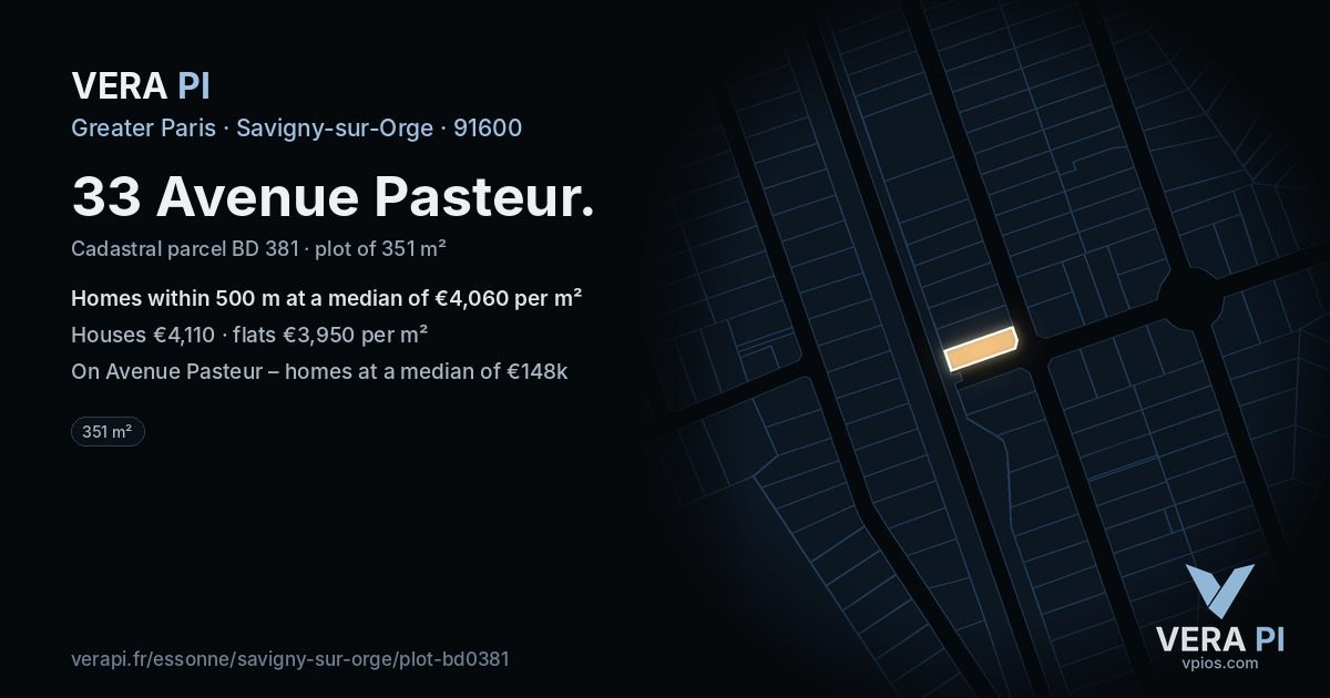 33 Avenue Pasteur, Savigny-sur-Orge at night – the plot lit, the parcels around coloured by the prices near them