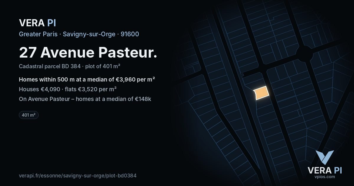 27 Avenue Pasteur, Savigny-sur-Orge at night – the plot lit, the parcels around coloured by the prices near them
